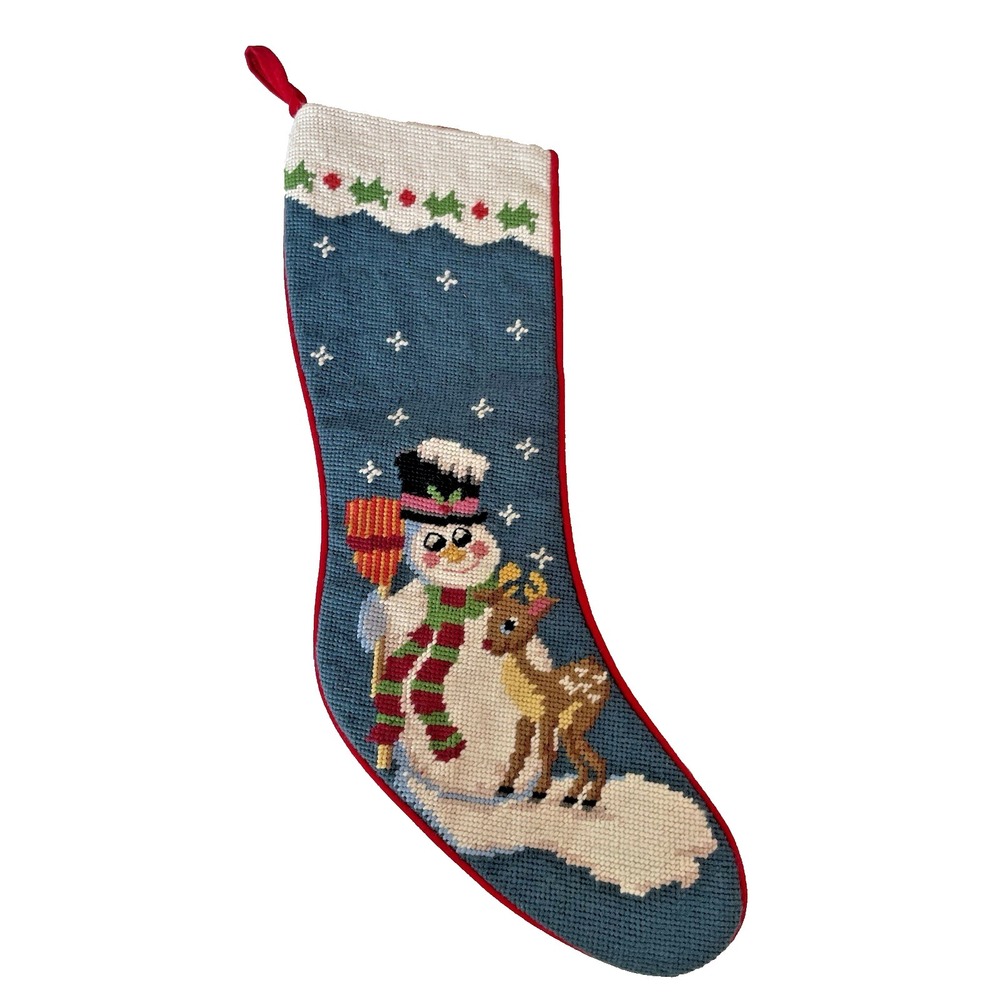 Vtg Wool Needlepoint Christmas Stocking Snowman & Deer Red Velvet 19"